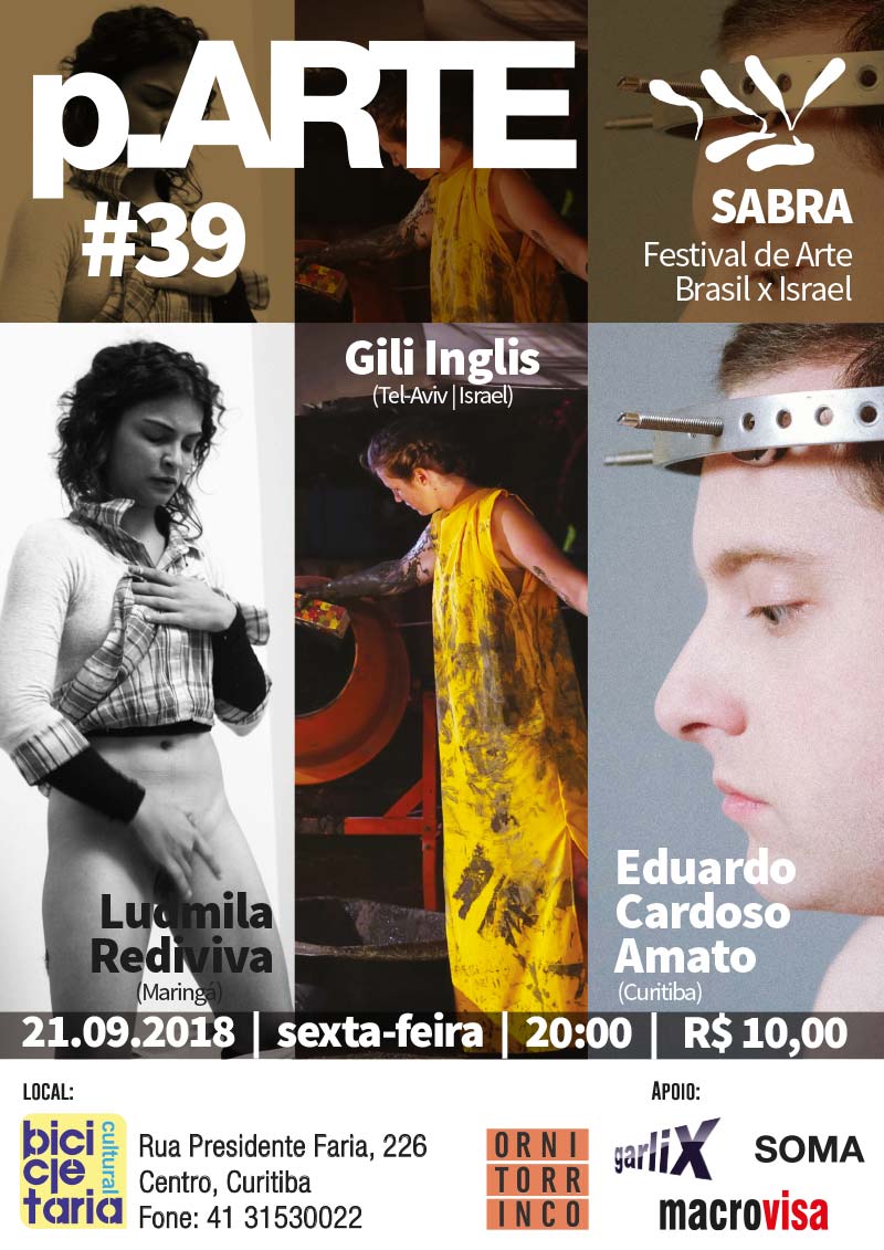 Cartaz da 39ª edição da p.ARTE / SABRA Festival de Arte Brasil x Israel | Artistas: Ludmila Rediviva, Gili Iglis, Tal Rosen e Eduardo Cardoso Amato